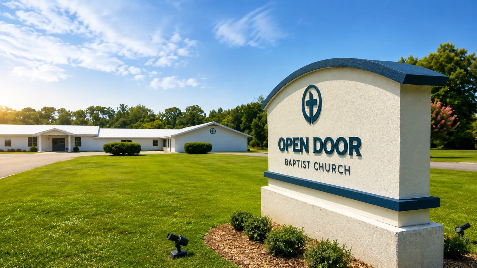 The Open Door Baptist Church sign at the road, with the building behind it