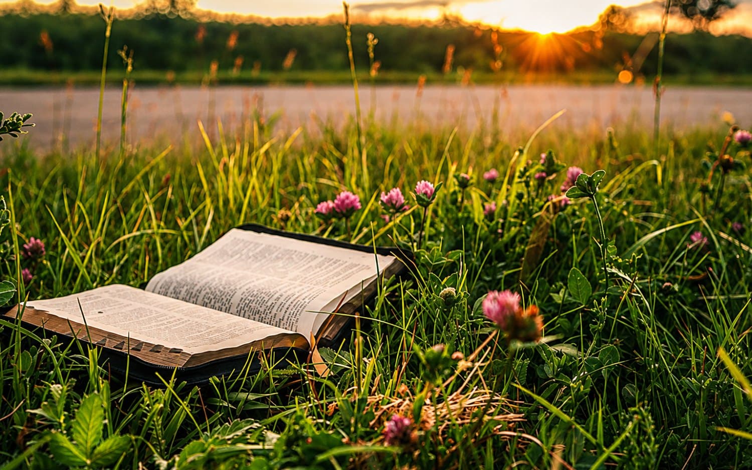 An open Bible in the grass at sunset